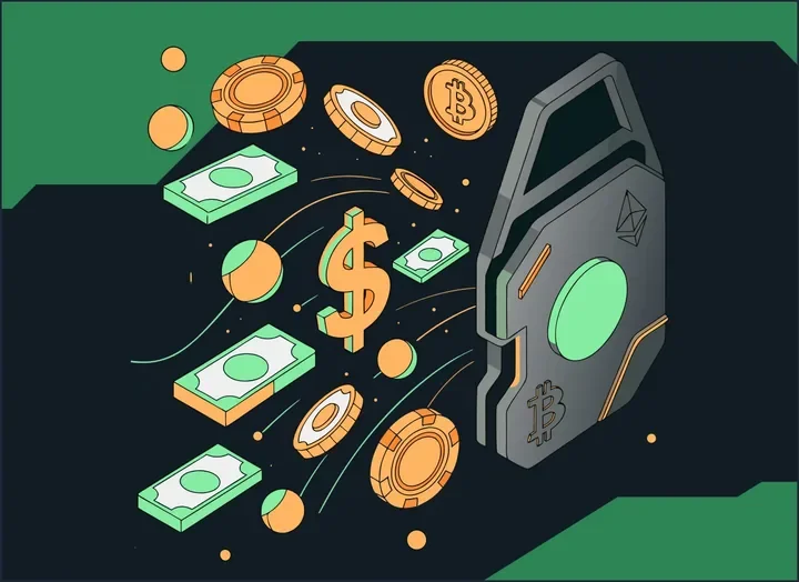 Illustration MineBit des récompenses à chaque mise avec pièces et coffre crypto